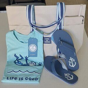 Life Is Good Set of Canvas Tote Bag, T-Shirt Men's L & Flip Flops Men's Size 8